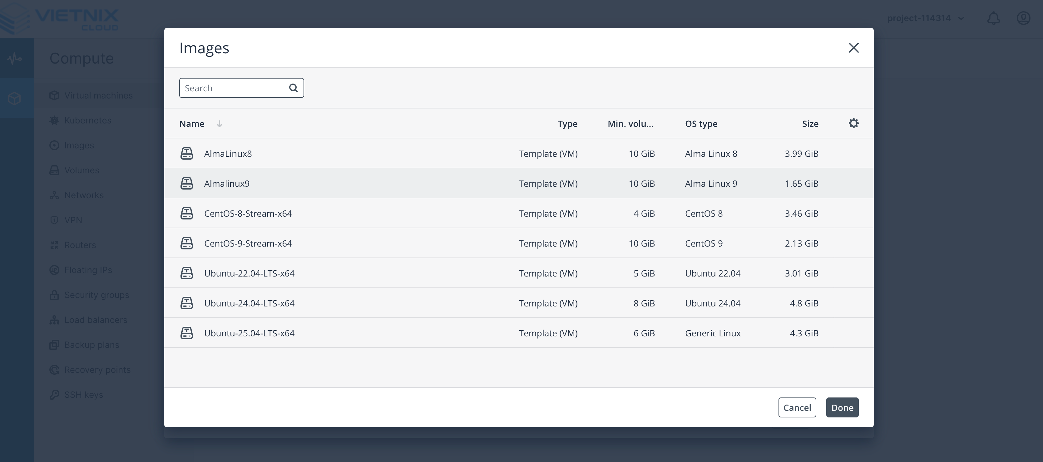 Select the image for the virtual machine