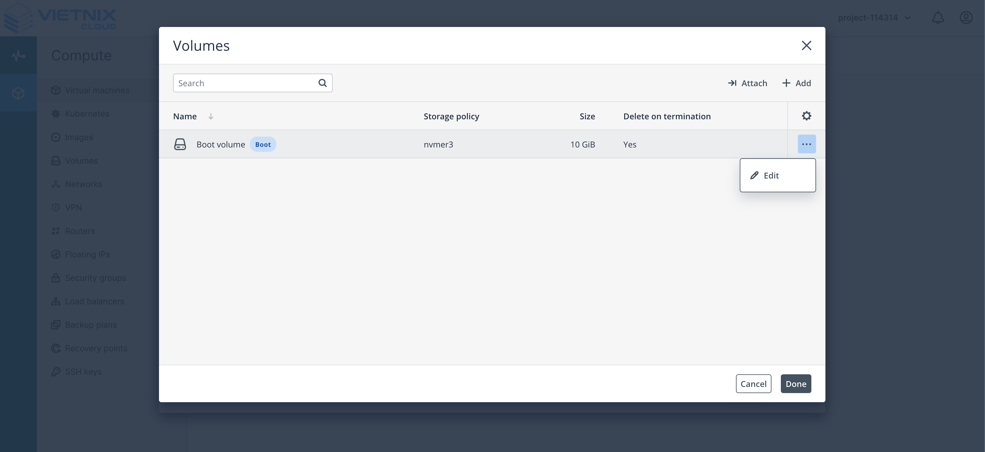 Select the volume for the virtual machine