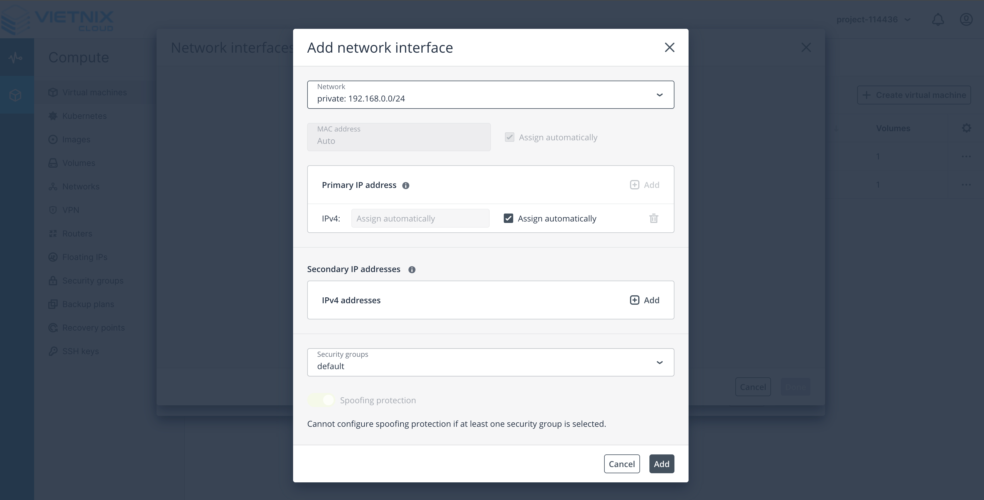 Select the network for the virtual machine