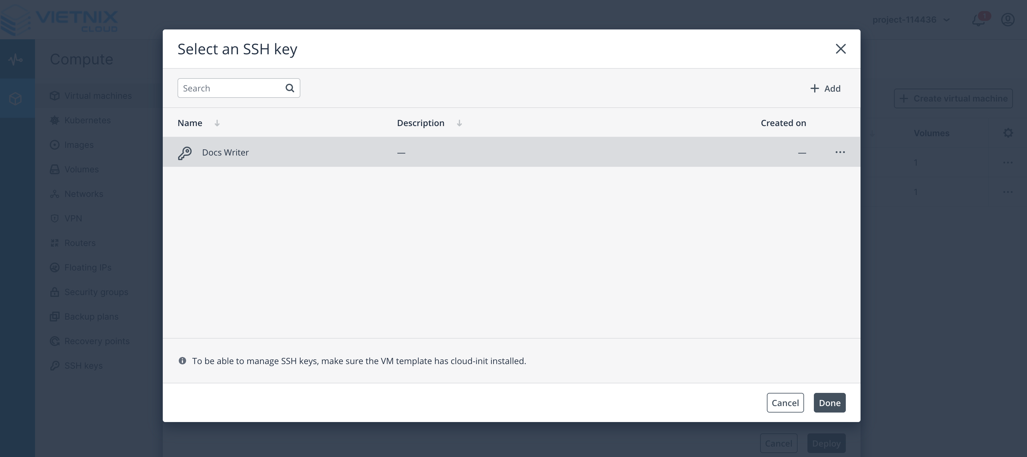 Select the SSH key for the virtual machine