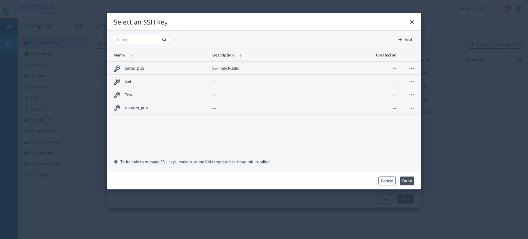 Select the SSH key for the virtual machine