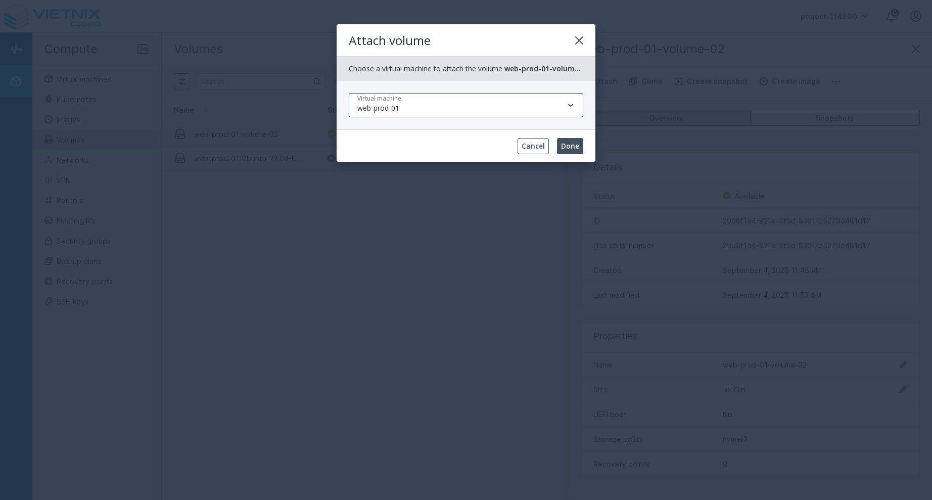 Hộp thoại Attach Volume