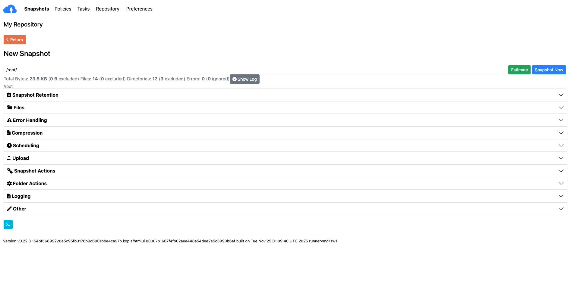 Kopia Create Snapshot