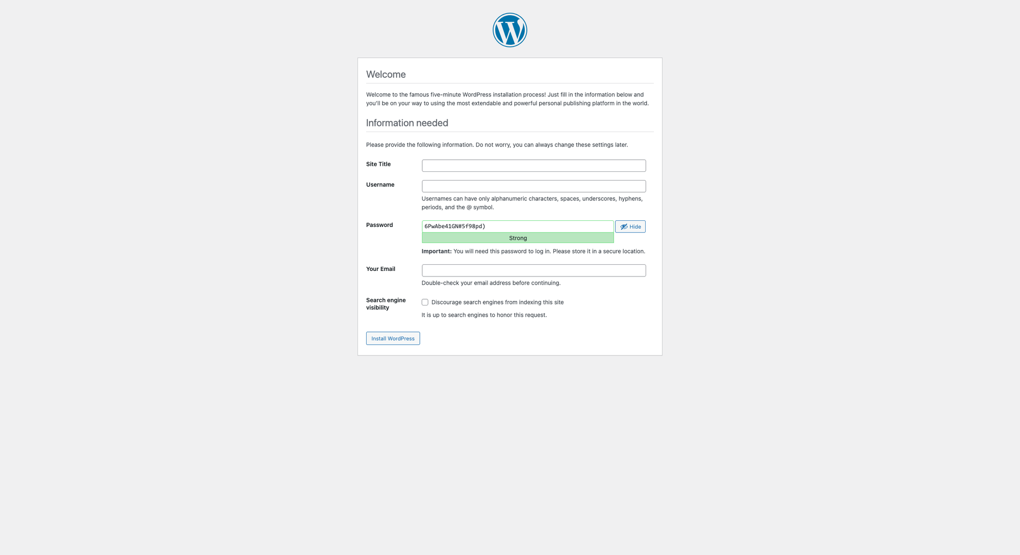 Trang cài đặt WordPress